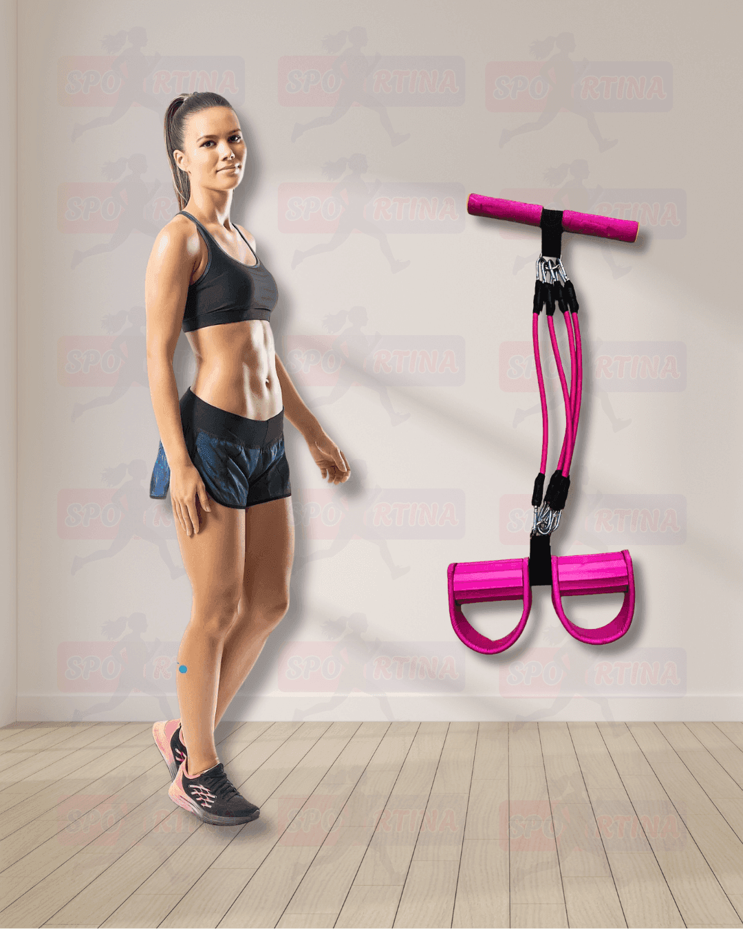 امرأة تتمرّن في البيت باستخدام جهاز شدّ البطن (Pedal Resistance Band)